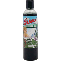 OLB008 | Olbas therapeutic herbal bath bottle 8 fl oz with blue label, botanical illustration and black cap