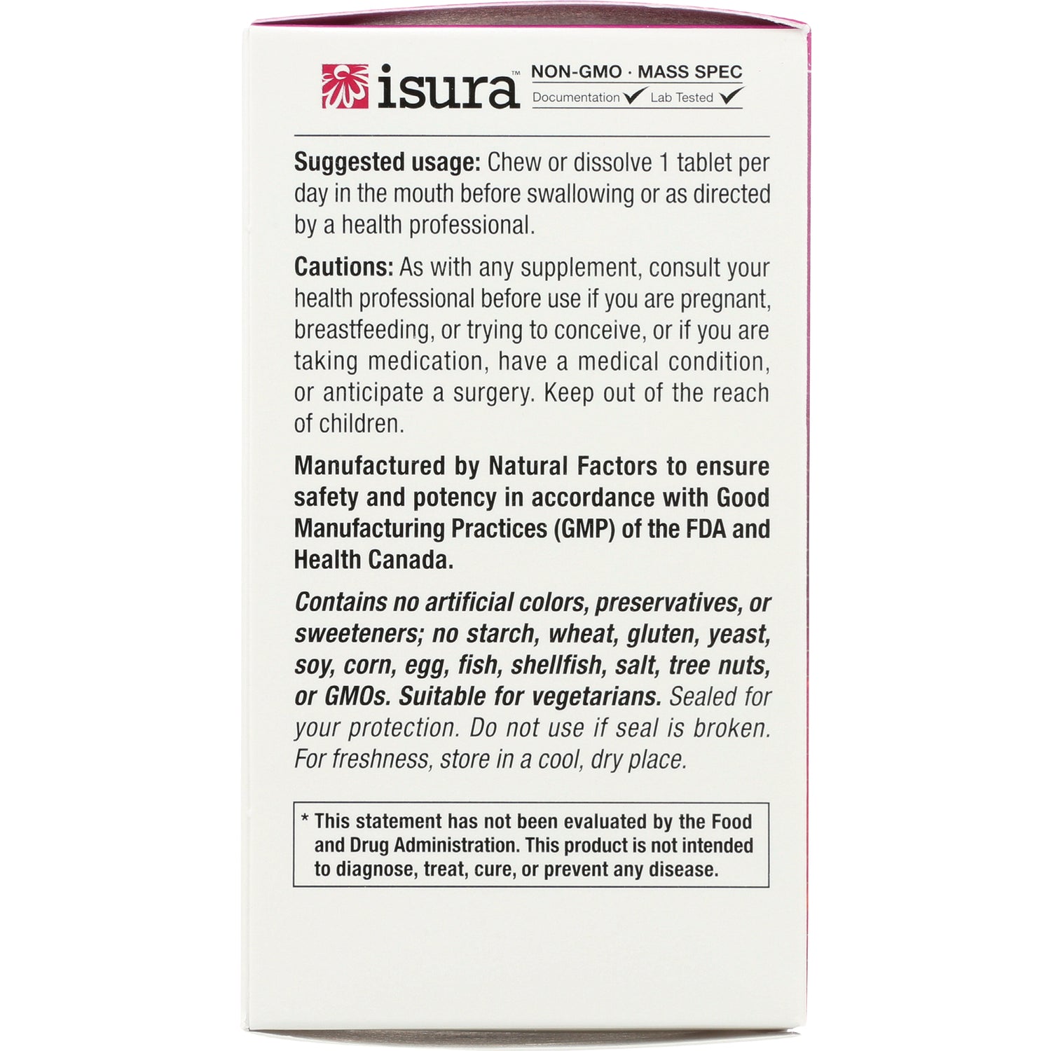 NFC058 | Back panel showing suggested usage, cautions, ingredient exclusions and FDA disclaimer