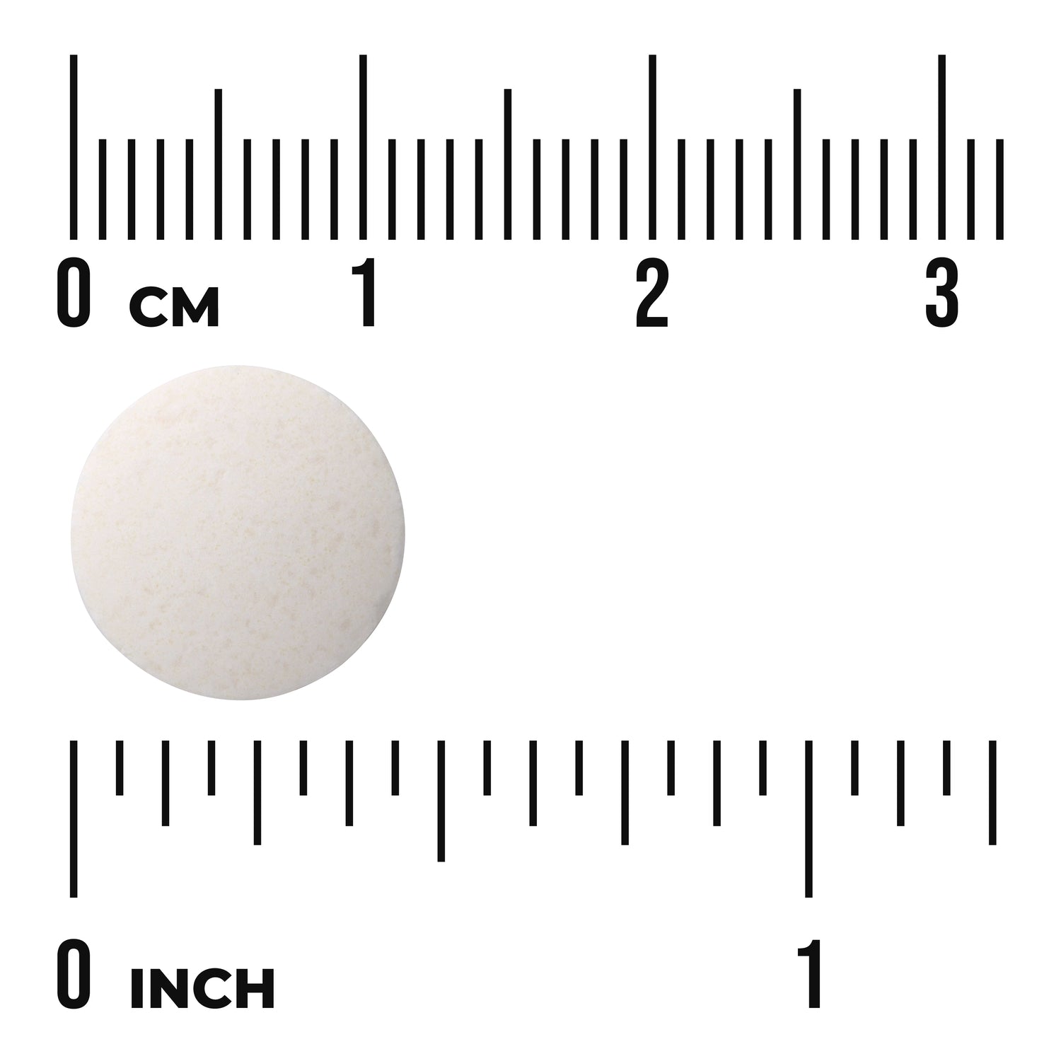 SW1138 | Round white tablet shown with centimeter and inch rulers for size