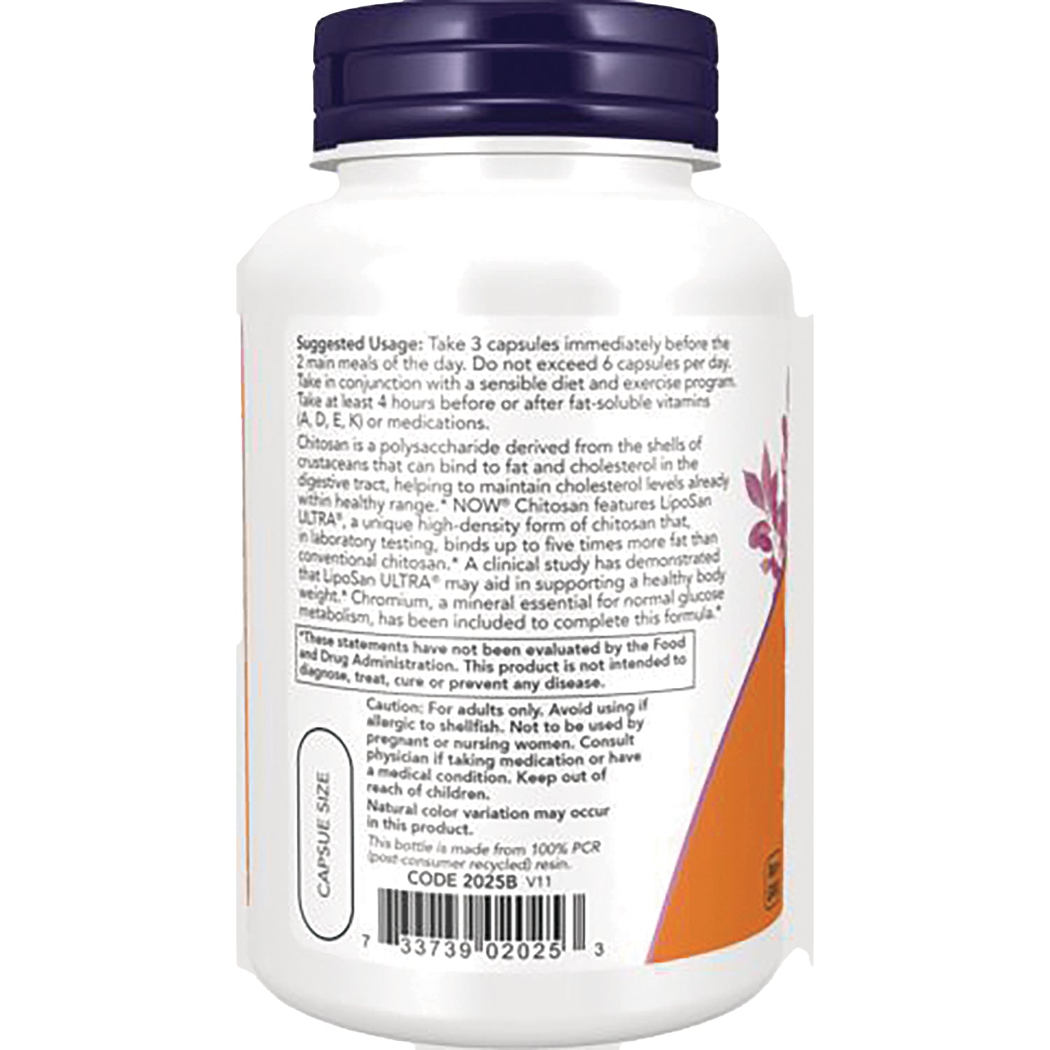 NWF731 | back of white supplement bottle showing usage directions, caution text and barcode