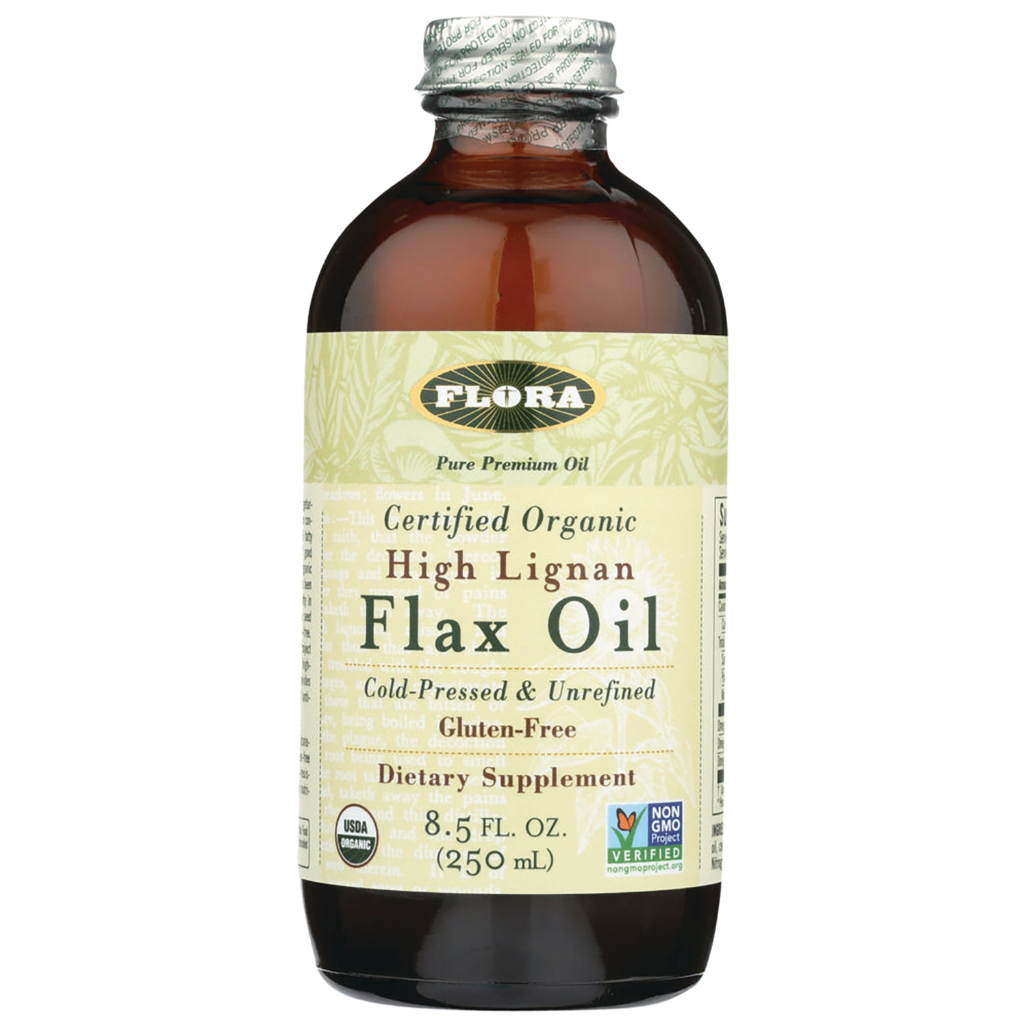 FL113 | Flora High Lignan Flax Oil 8.5 FL OZ amber bottle labeled Certified Organic, Cold-Pressed & Gluten-Free