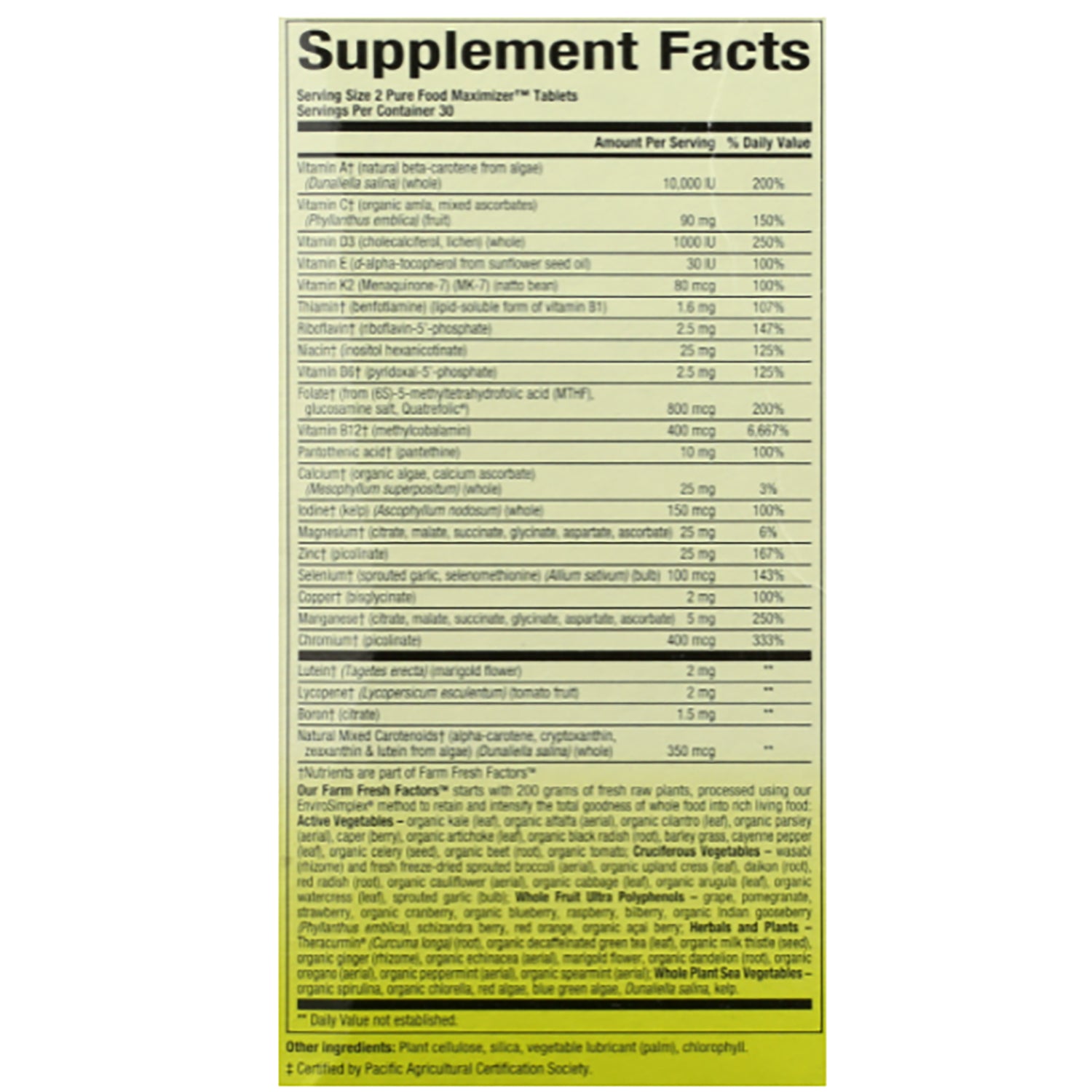NFC191 | Supplement Facts panel showing vitamins, minerals, amounts per serving and full ingredient list