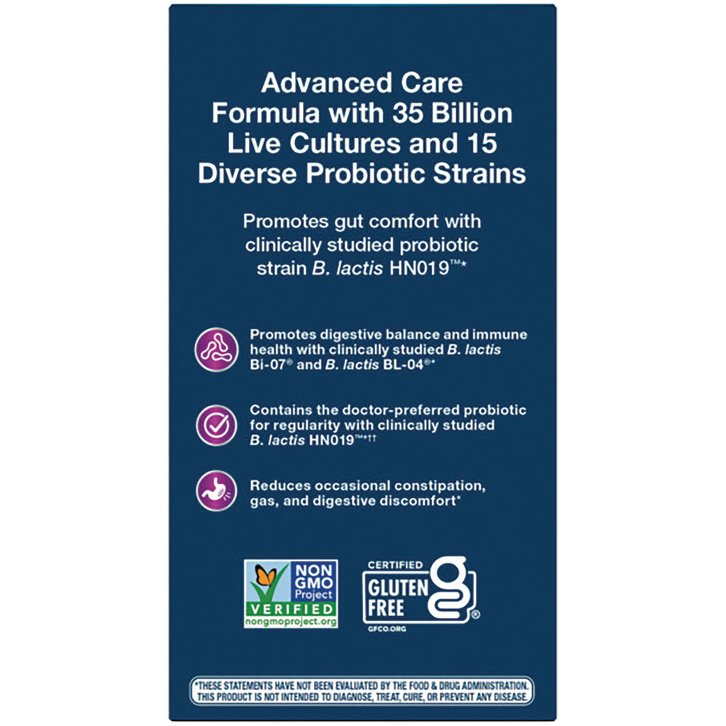 NW802 | Product infographic showing Advanced Care formula with 35 billion live cultures, 15 probiotic strains, benefits and non-GMO and gluten-free logos - Thumbnail