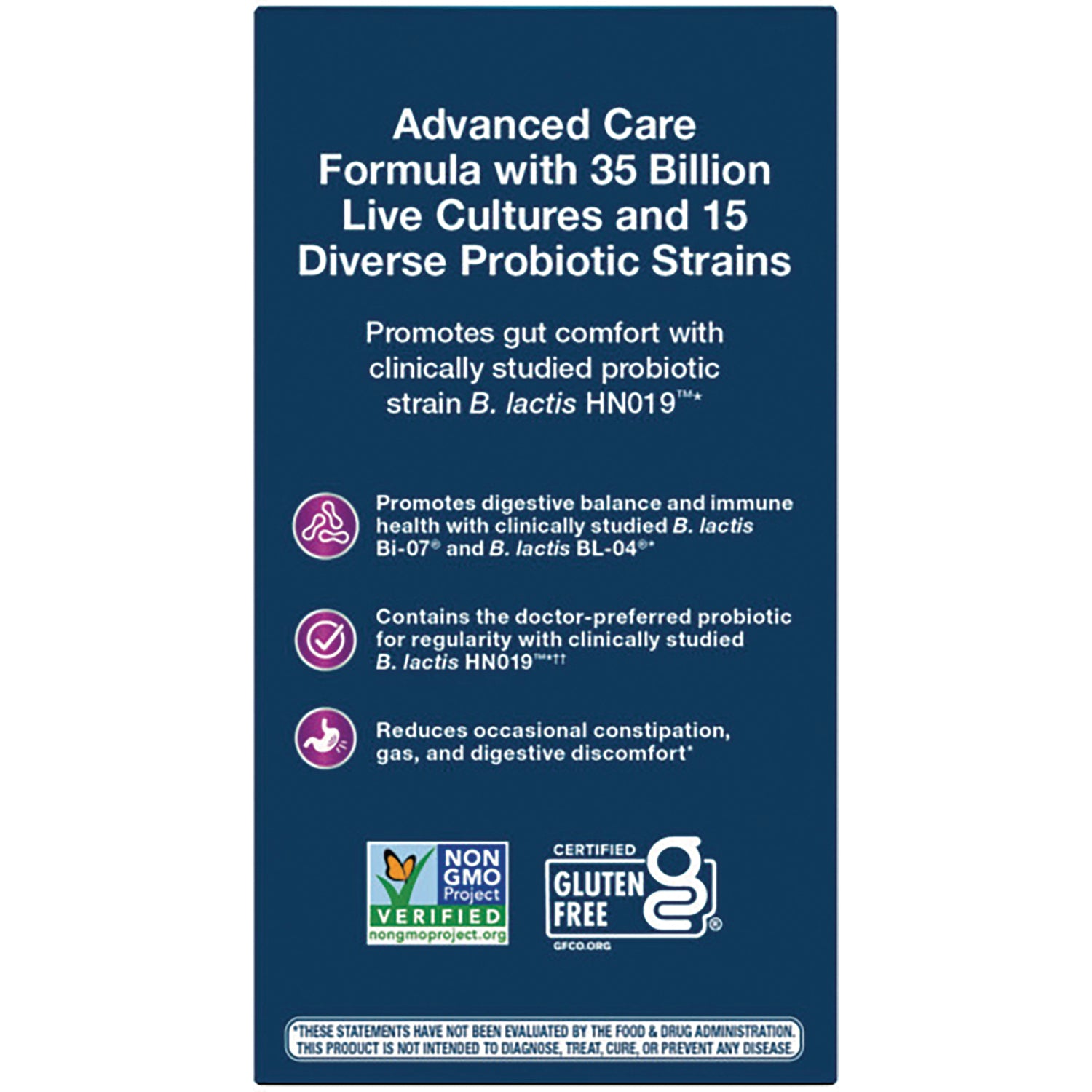 NW802 | Product infographic showing Advanced Care formula with 35 billion live cultures, 15 probiotic strains, benefits and non-GMO and gluten-free logos