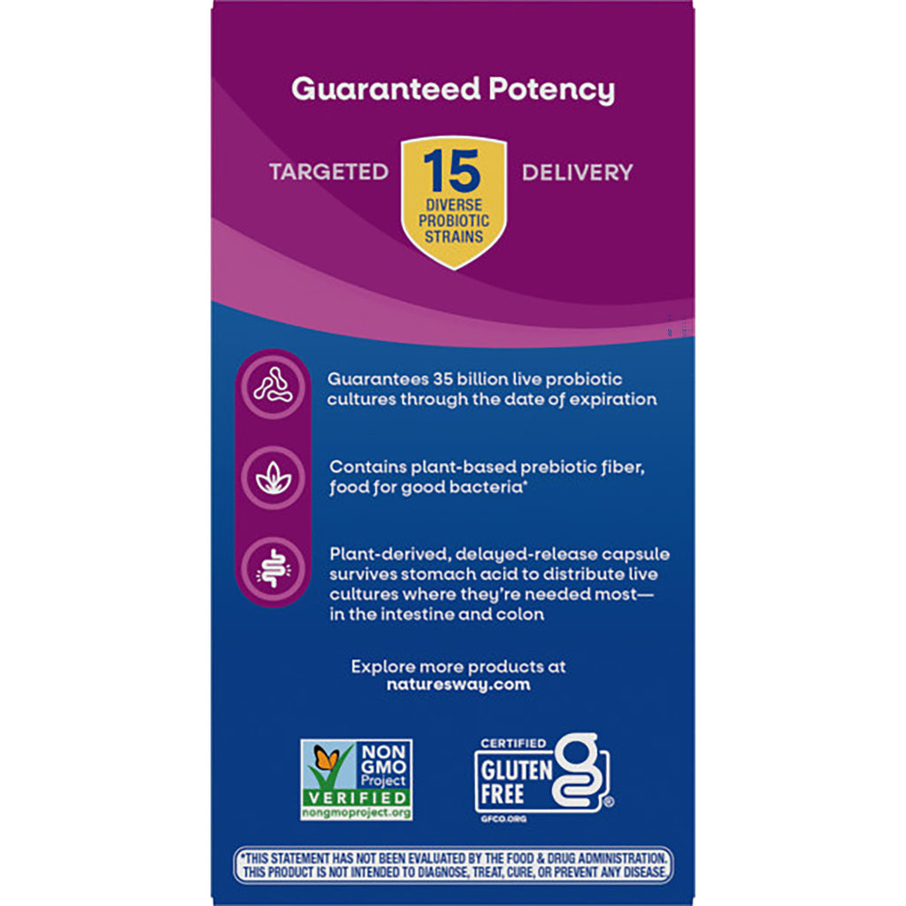 NW802 | Product infographic showing Advanced Care formula with 35 billion live cultures, 15 probiotic strains, benefits and non-GMO and gluten-free logos - Thumbnail