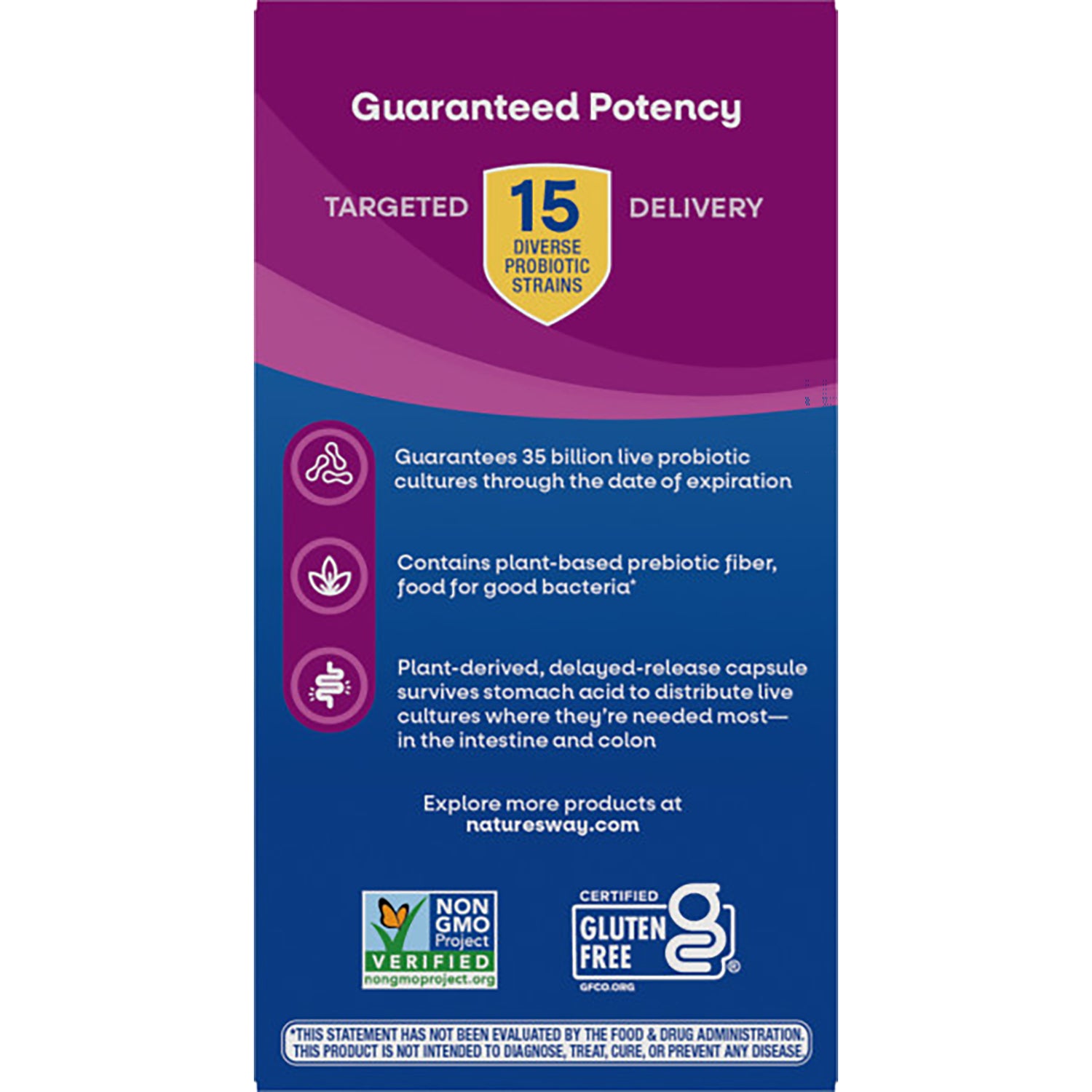 NW802 | Product infographic showing Advanced Care formula with 35 billion live cultures, 15 probiotic strains, benefits and non-GMO and gluten-free logos