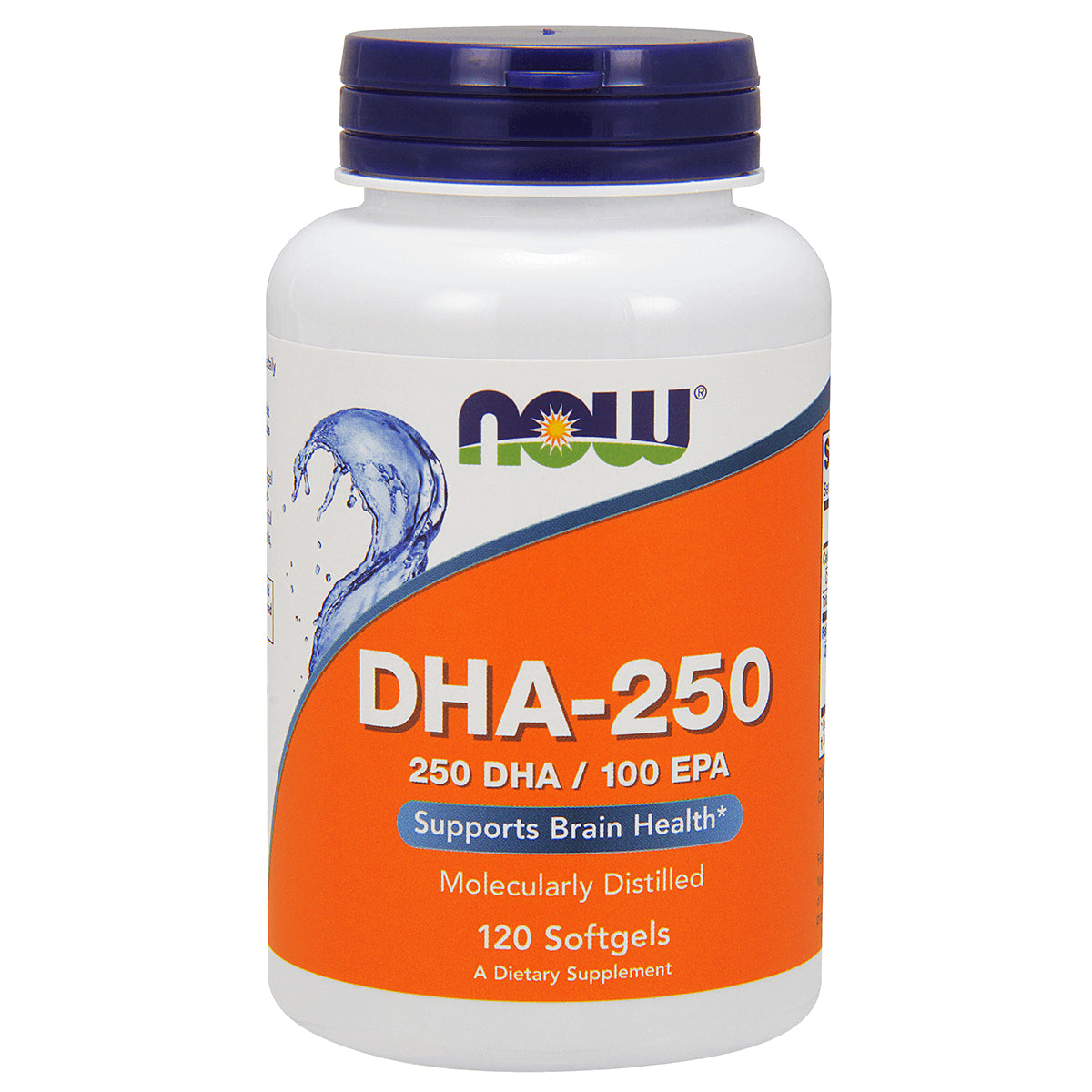 NWF238 | NOW DHA-250 supplement bottle with orange label reading DHA-250, 120 softgels