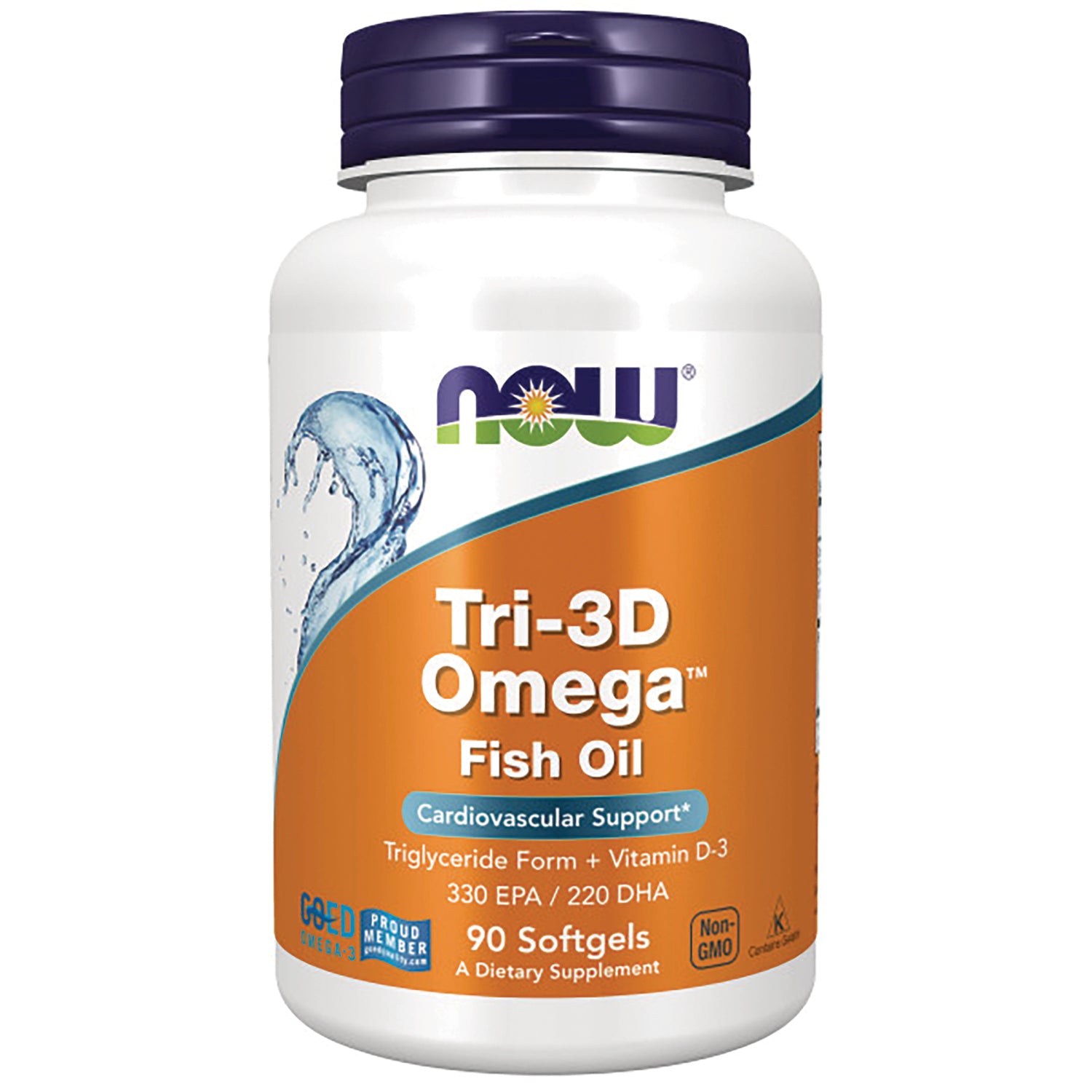 NWF1065 | NOW Tri-3D Omega fish oil bottle, 90 softgels, orange label and purple cap