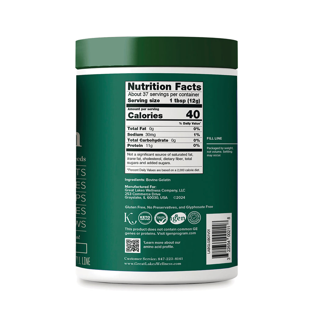 Back label showing Nutrition Facts panel, ingredients, certifications, and barcode on green supplement jar - Thumbnail