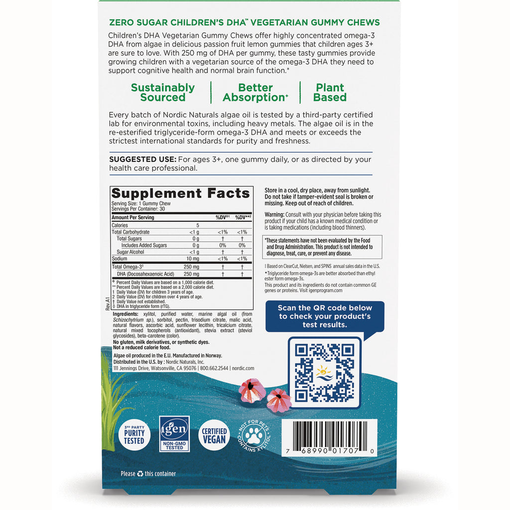 NRN134 | Back of children's DHA vegetarian gummy package showing Supplement Facts panel, QR code, barcode, and certification icons - Thumbnail