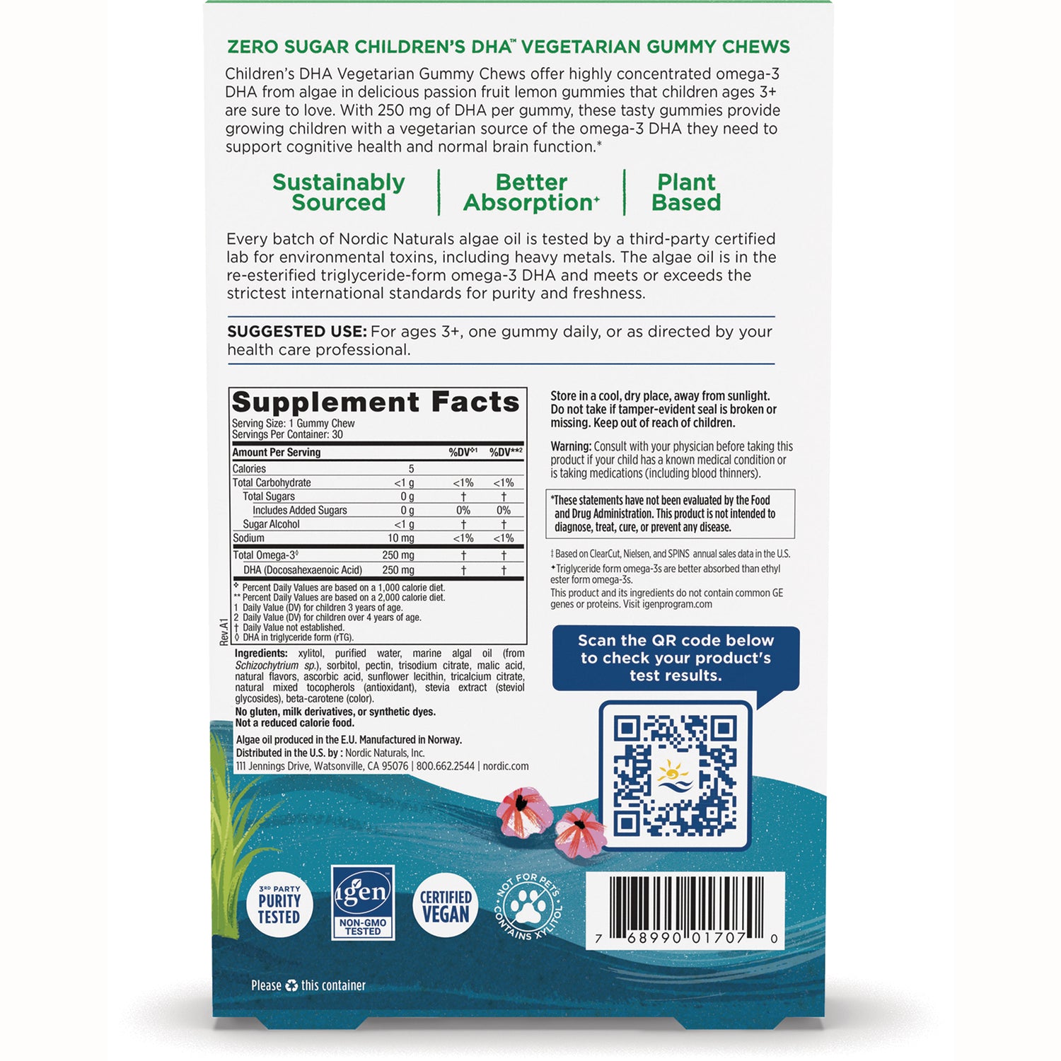 NRN134 | Back of children's DHA vegetarian gummy package showing Supplement Facts panel, QR code, barcode, and certification icons