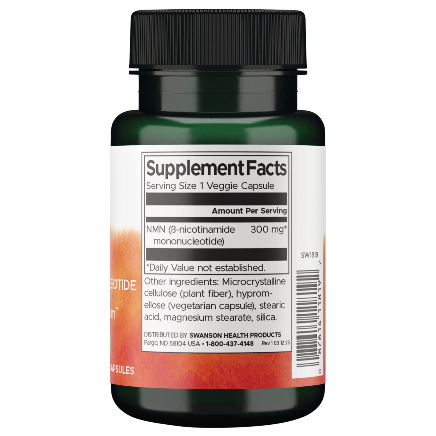 SW1819 | Back label with Supplement Facts for NMN (-nicotinamide mononucleotide) 300 mg veggie capsule
