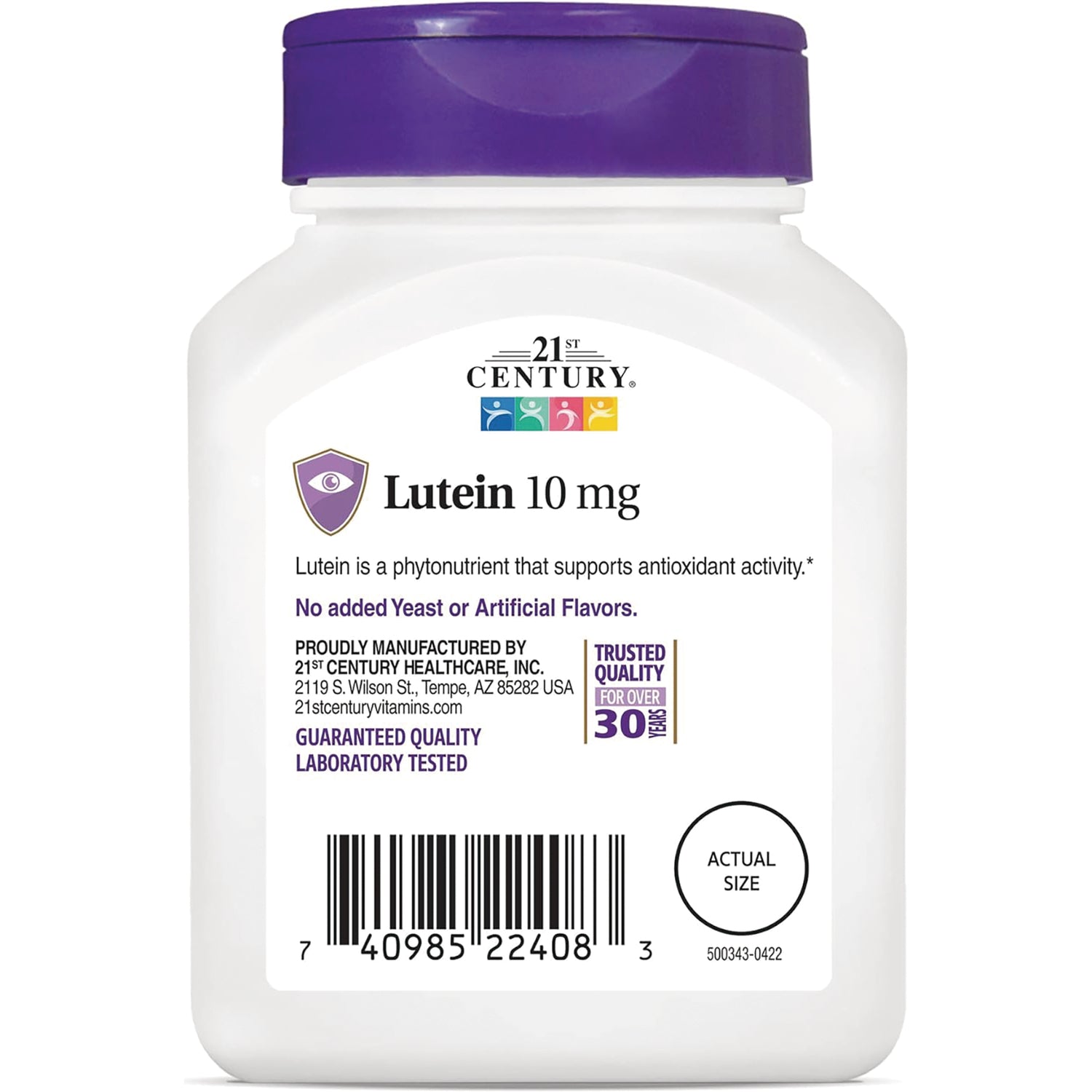 CNT096 | white supplement bottle back label for Lutein 10 mg with barcode, manufacturer details, and actual size circle