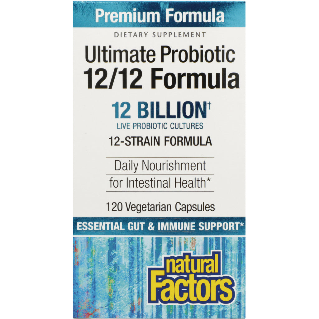 NFC136 | Natural Factors Ultimate Probiotic 12/12 Formula front packaging, 12 billion live cultures, 120 vegetarian capsules - Thumbnail