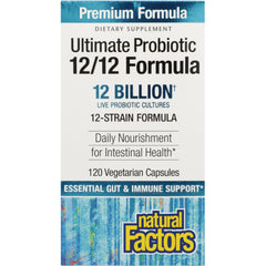 NFC136 | Natural Factors Ultimate Probiotic 12/12 Formula front packaging, 12 billion live cultures, 120 vegetarian capsules