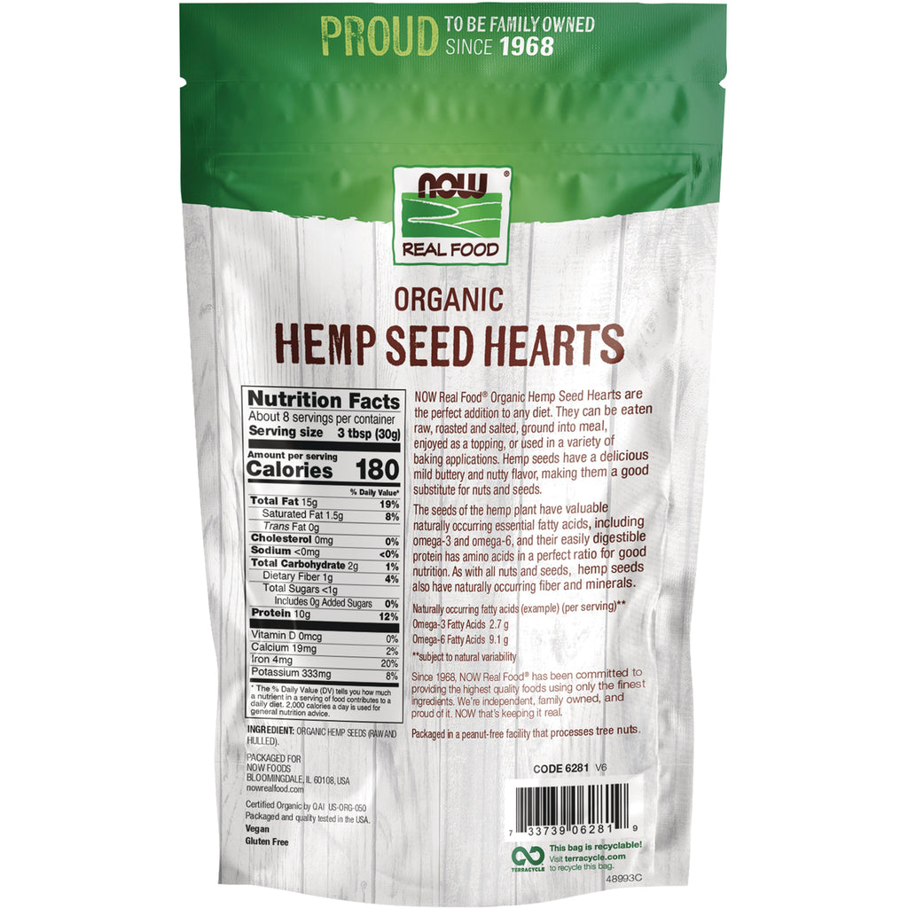NWF1198 | Back of NOW Real Food Organic Hemp Seed Hearts pouch showing Nutrition Facts, ingredients, barcode and product description - Thumbnail