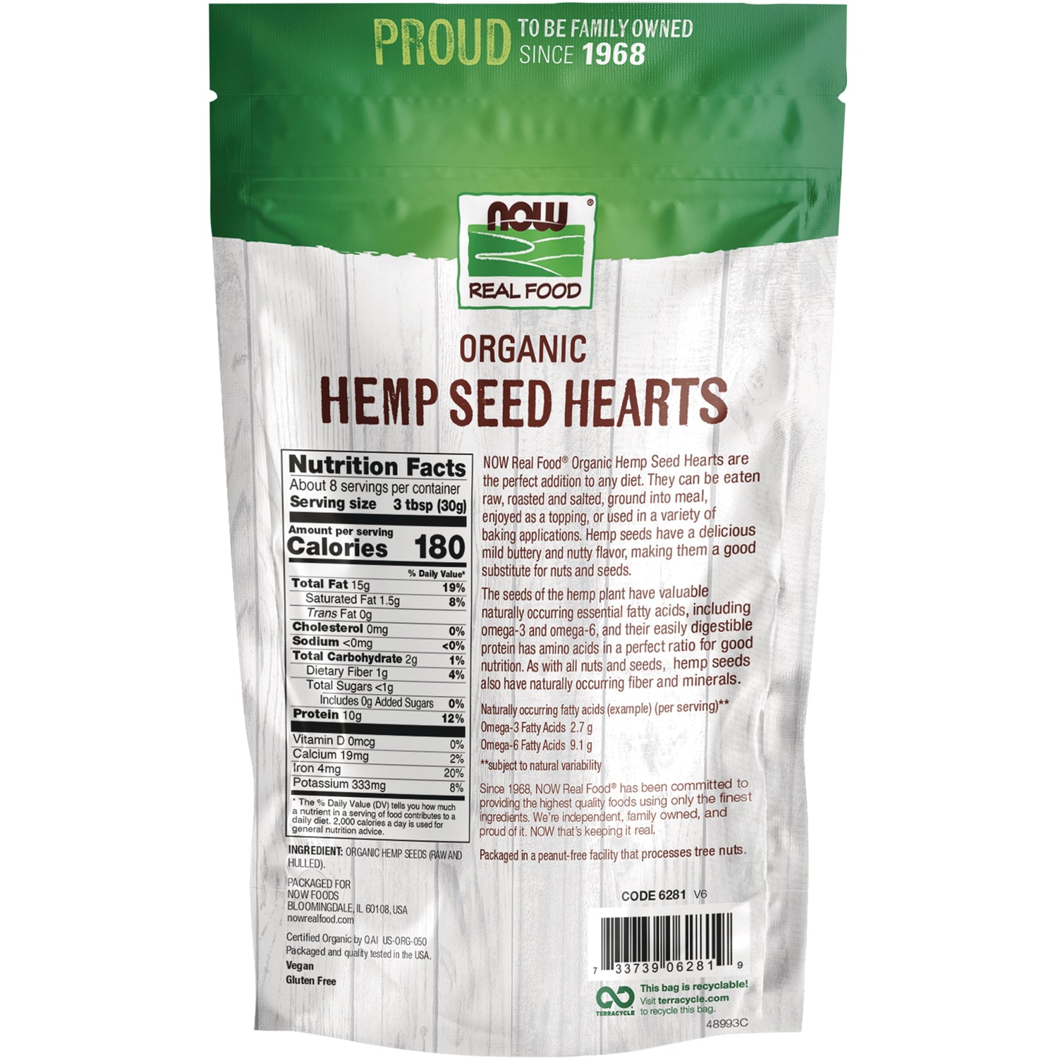 NWF1198 | Back of NOW Real Food Organic Hemp Seed Hearts pouch showing Nutrition Facts, ingredients, barcode and product description