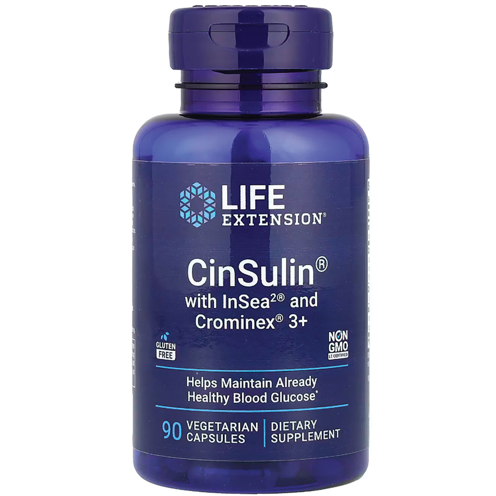 LE081 | Blue Life Extension CinSulin supplement bottle label reading CinSulin with InSea2 and Crominex 3+, 90 vegetarian capsules - Thumbnail