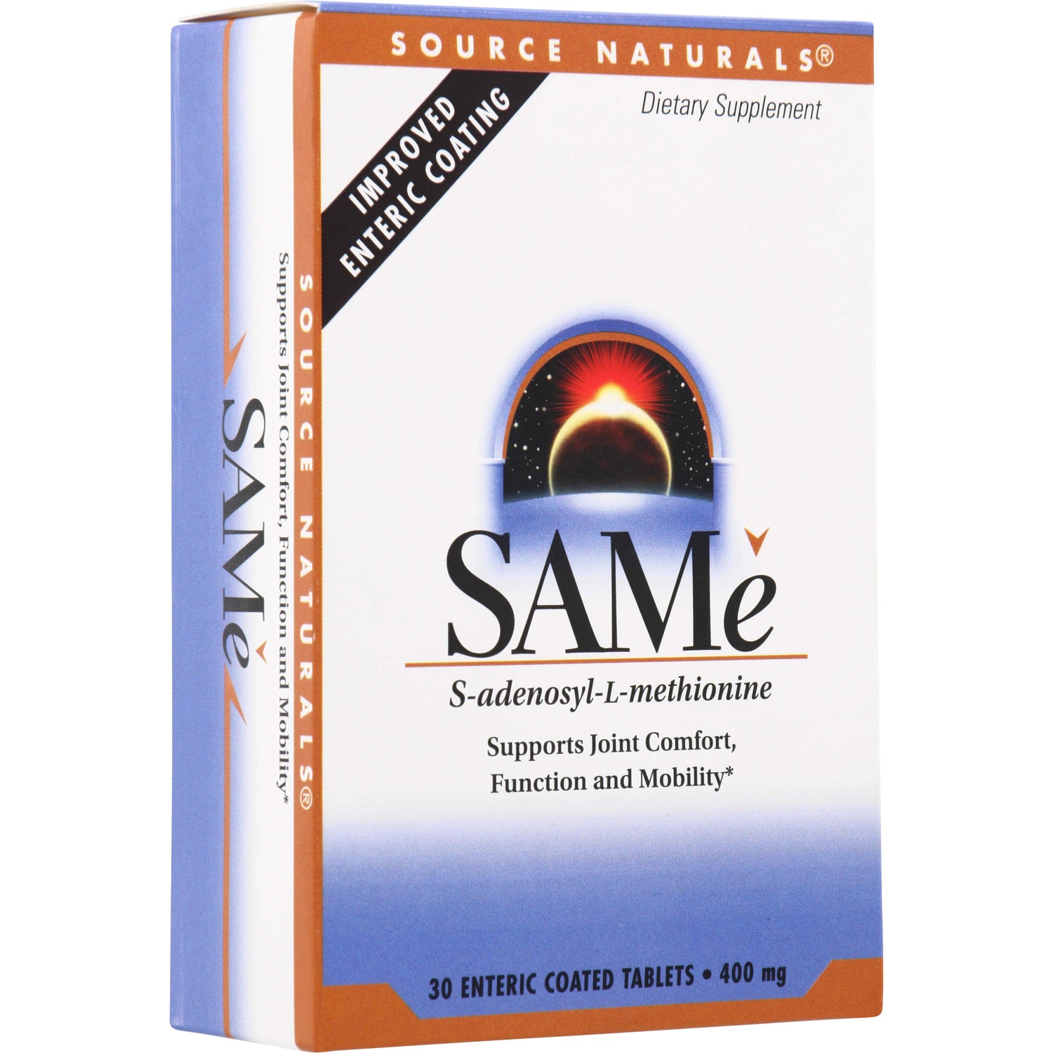 SN136 | Source Naturals SAMe dietary supplement box, S-adenosyl-L-methionine, 30 enteric coated tablets, 400 mg