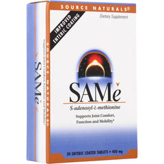 SN136 | Source Naturals SAMe dietary supplement box, S-adenosyl-L-methionine, 30 enteric coated tablets, 400 mg