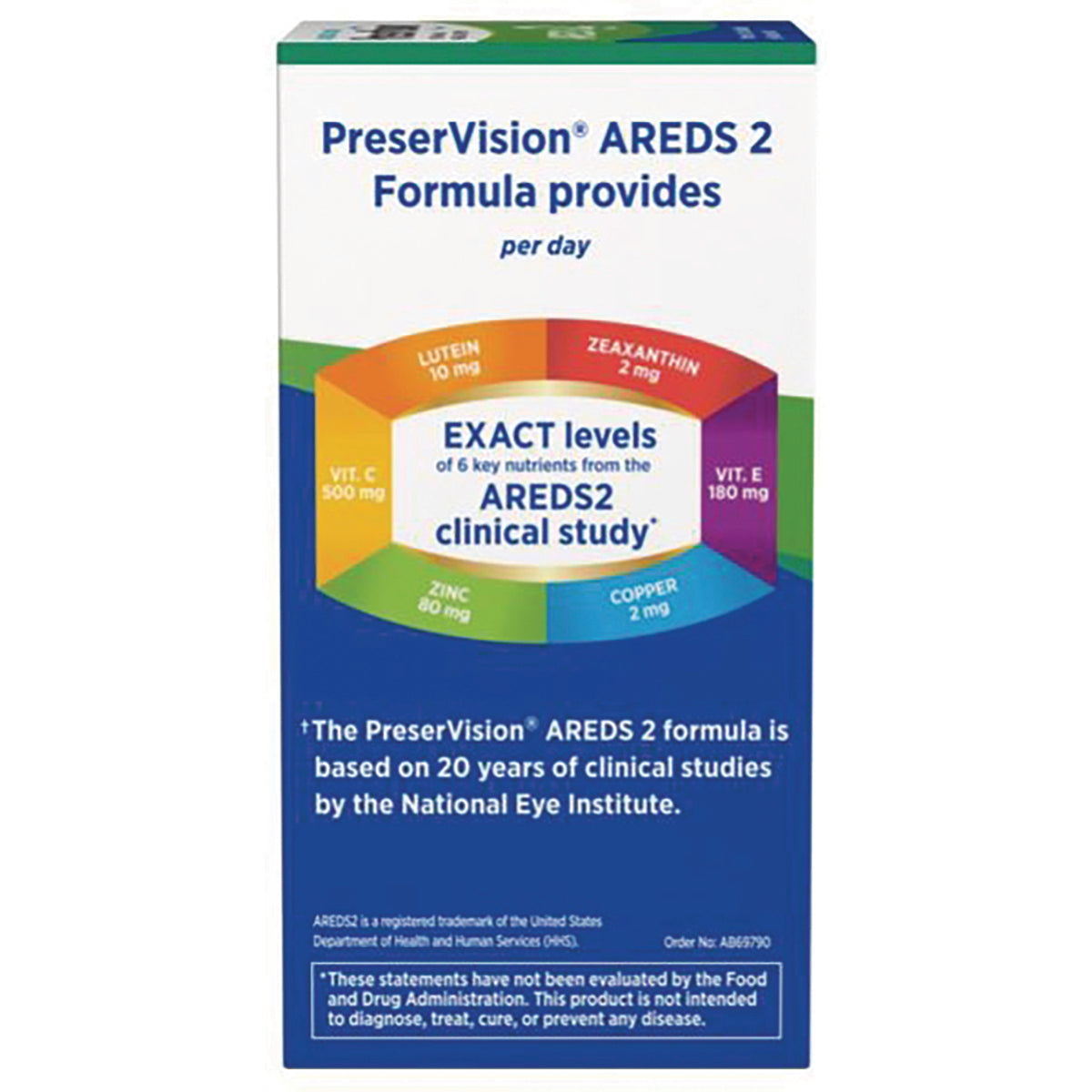 BNL032 | PreserVision AREDS 2 back panel showing exact levels of AREDS2 nutrients and clinical study note