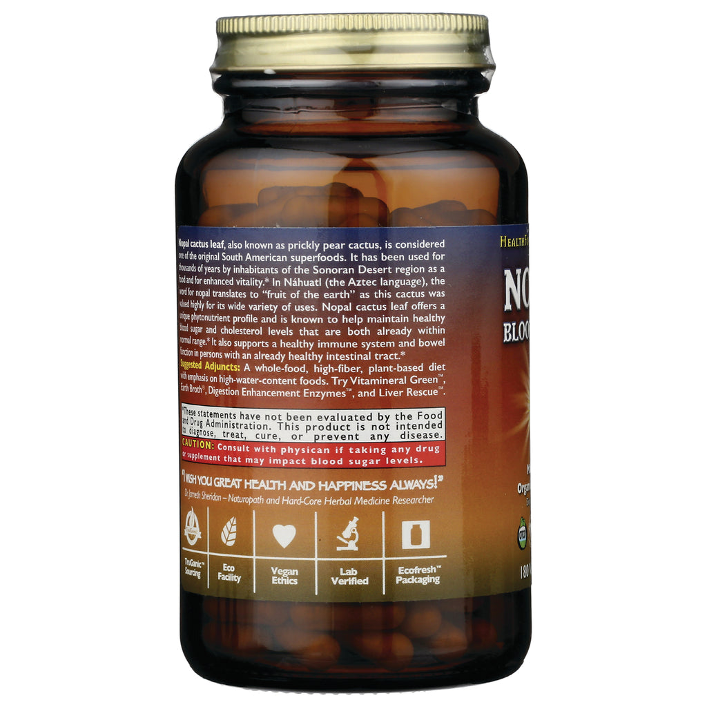 HFC005 | Back of amber supplement bottle showing detailed label text, caution box and certification icons - Thumbnail