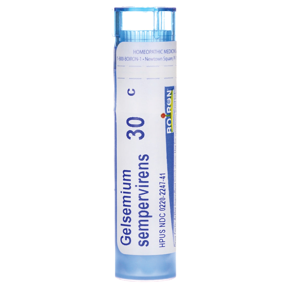 BRN111 | Tube of homeopathic pellets labeled Gelsemium sempervirens 30 C with blue cap front view