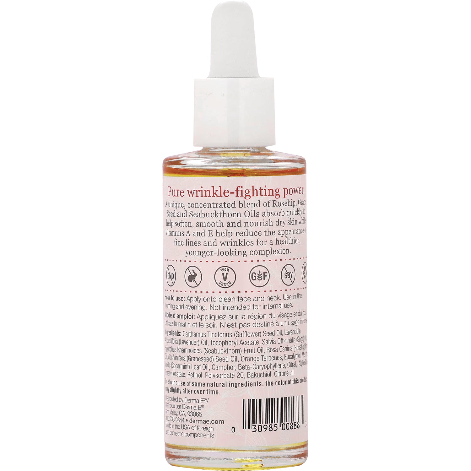 DE059 | Back label of dropper bottle showing directions, ingredients, certification icons and barcode