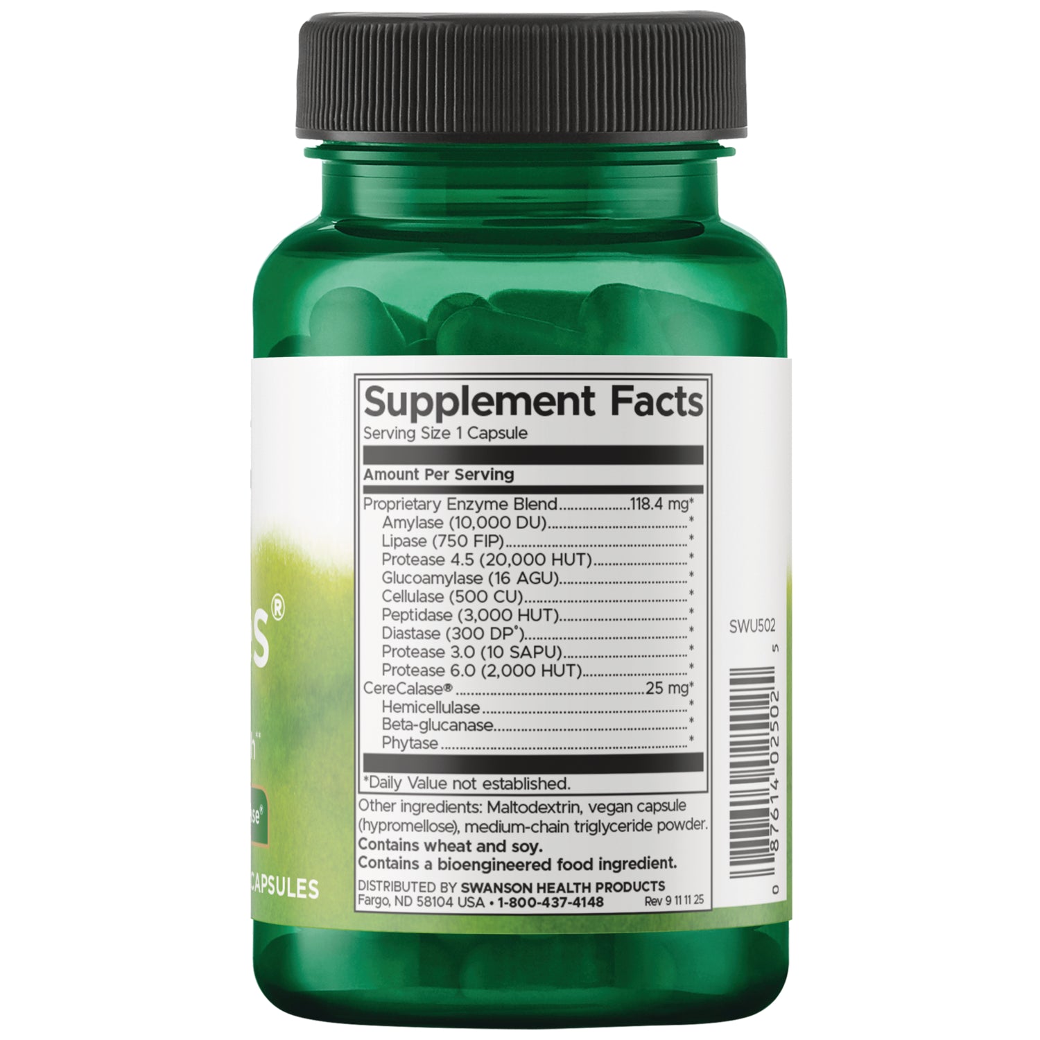 SWU502 | Back label with supplement Facts with Serving Size 1 Capsule, ingredients panel and barcode on green bottle