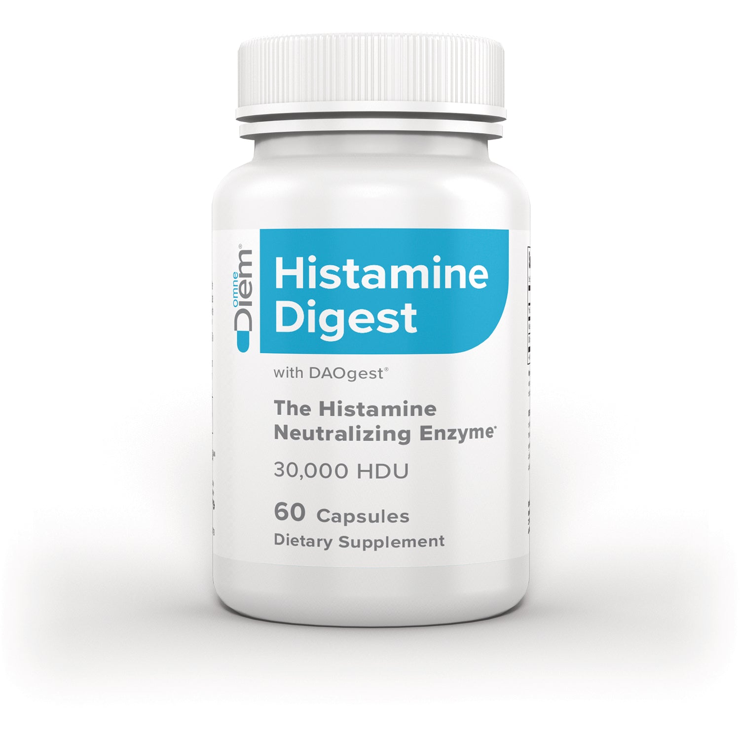 DIM009 | White bottle labeled Histamine Digest with DAOgest, 30,000 HDU, 60 Capsules dietary supplement