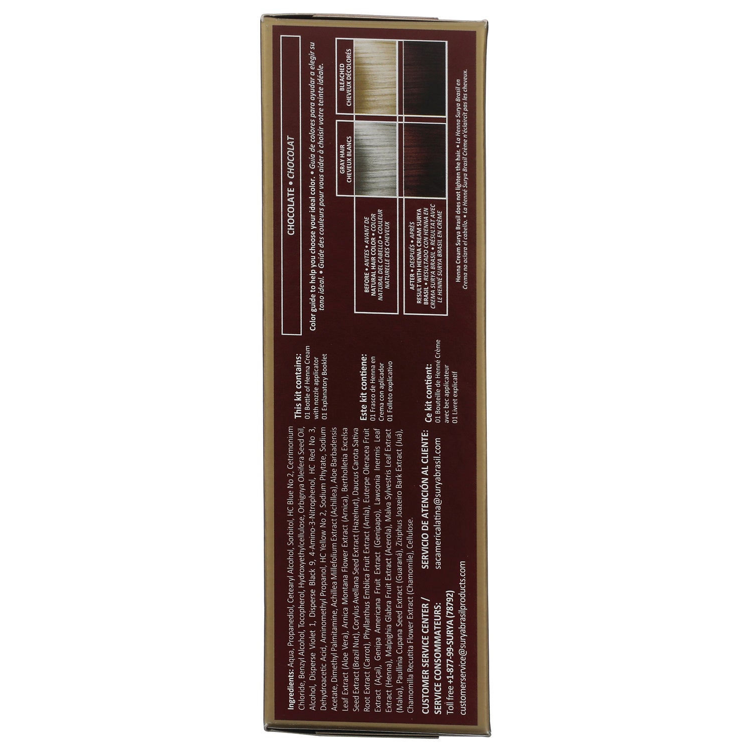 SUR024 | Hair color box side panel in Chocolate shade with color swatches, ingredients, and contents