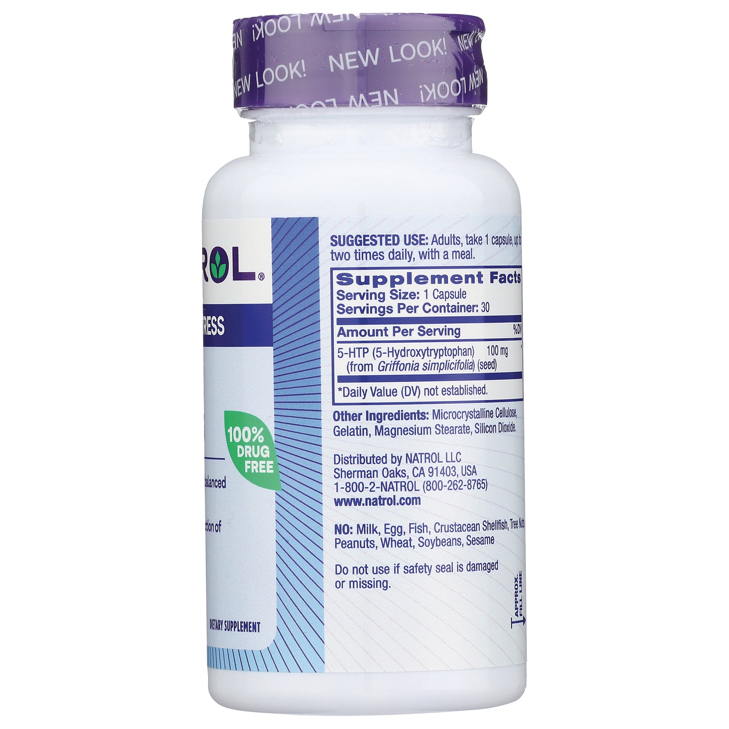 NA332 | back label showing Supplement Facts table, ingredients, warnings, and suggested use on white bottle