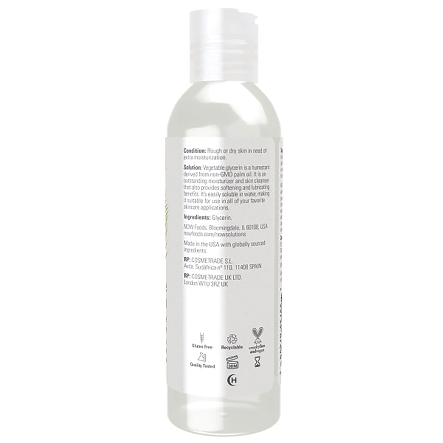 NWF361 | Back label of clear plastic bottle showing ingredients text and certification icons