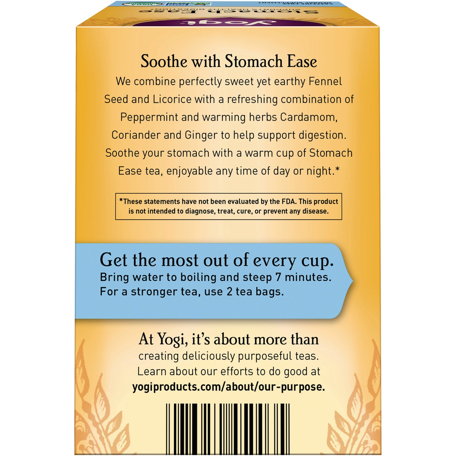 AHW011 | Back of Yogi Stomach Ease tea box with brewing instructions and barcode