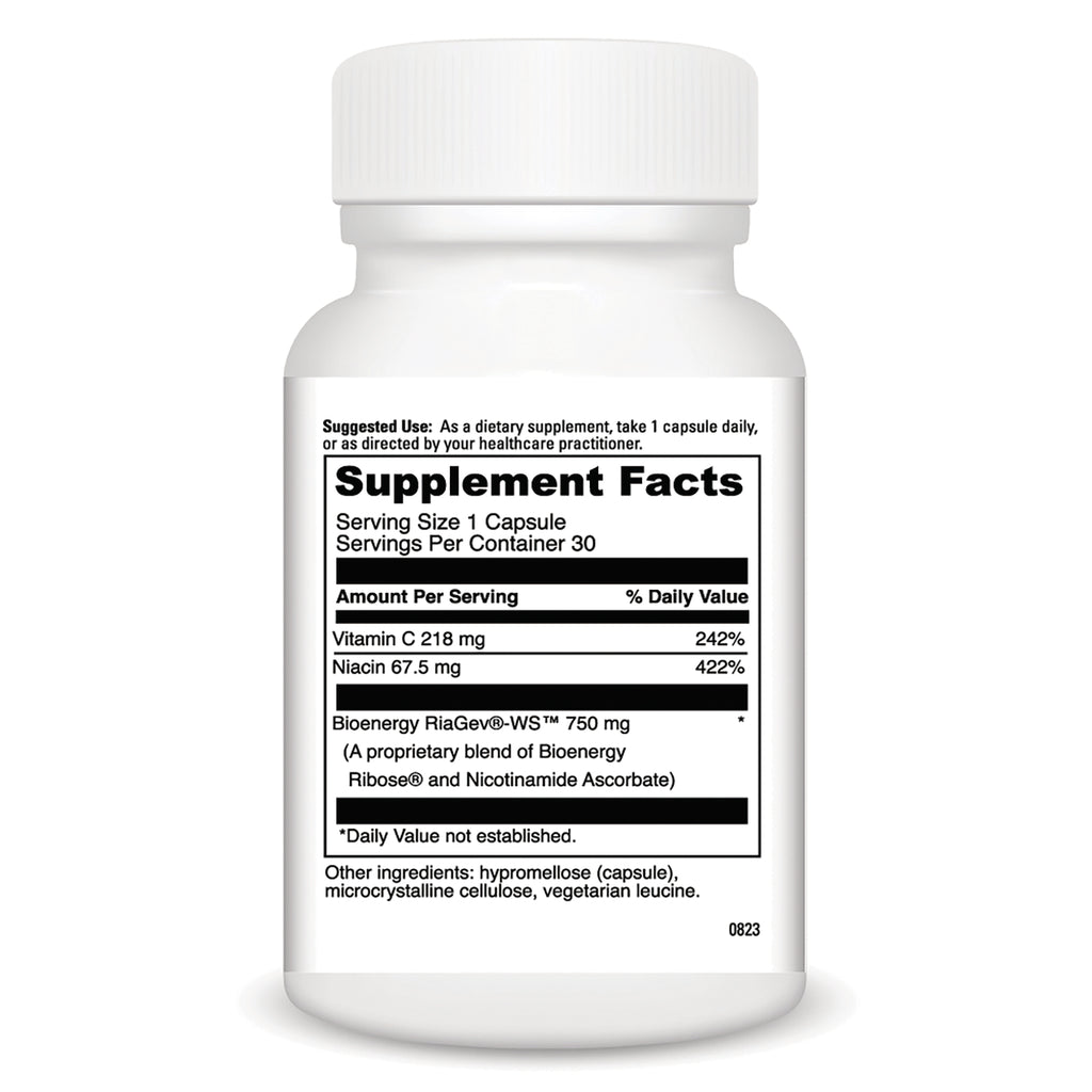 DVL169 | Back of white supplement bottle showing Supplement Facts label with serving size, Vitamin C 218 mg and Niacin 67.5 mg - Thumbnail