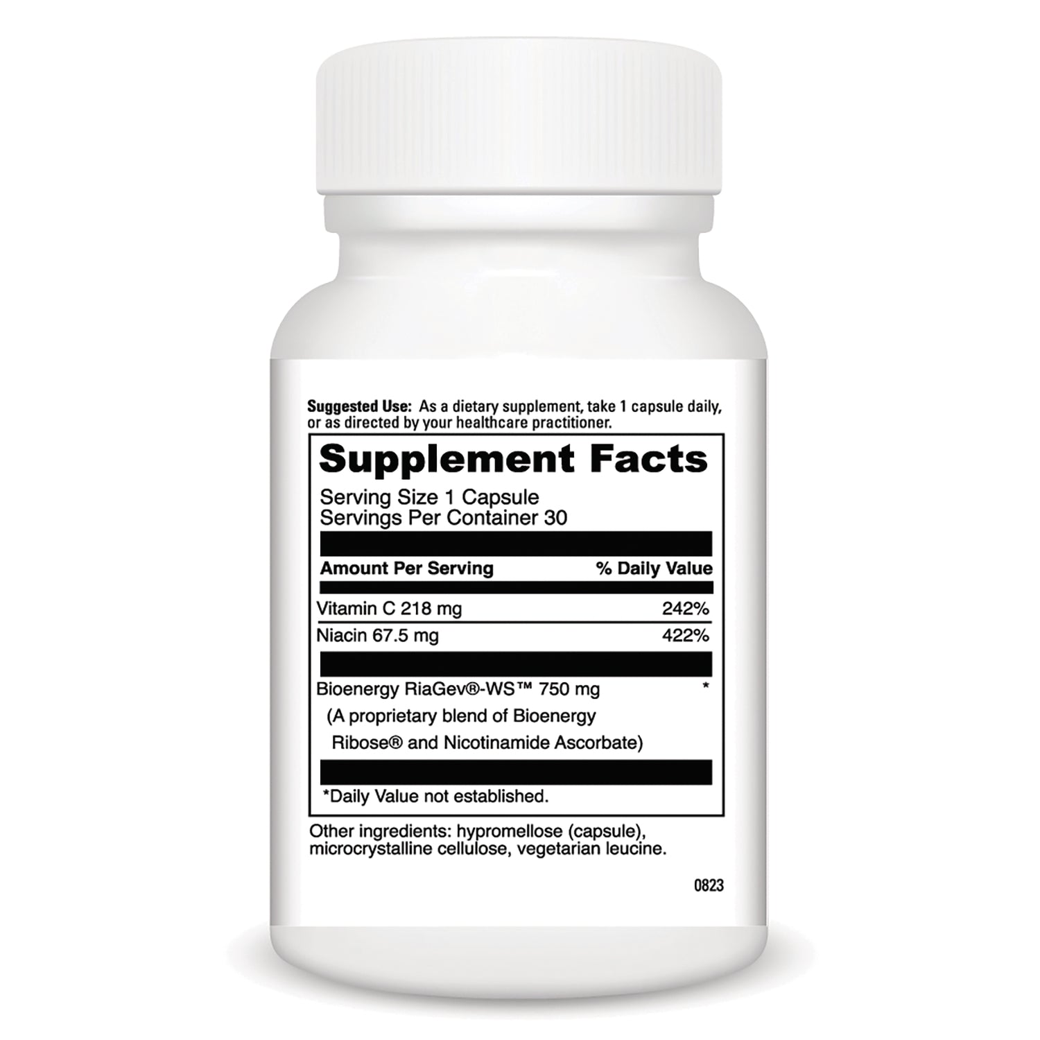 DVL169 | Back of white supplement bottle showing Supplement Facts label with serving size, Vitamin C 218 mg and Niacin 67.5 mg