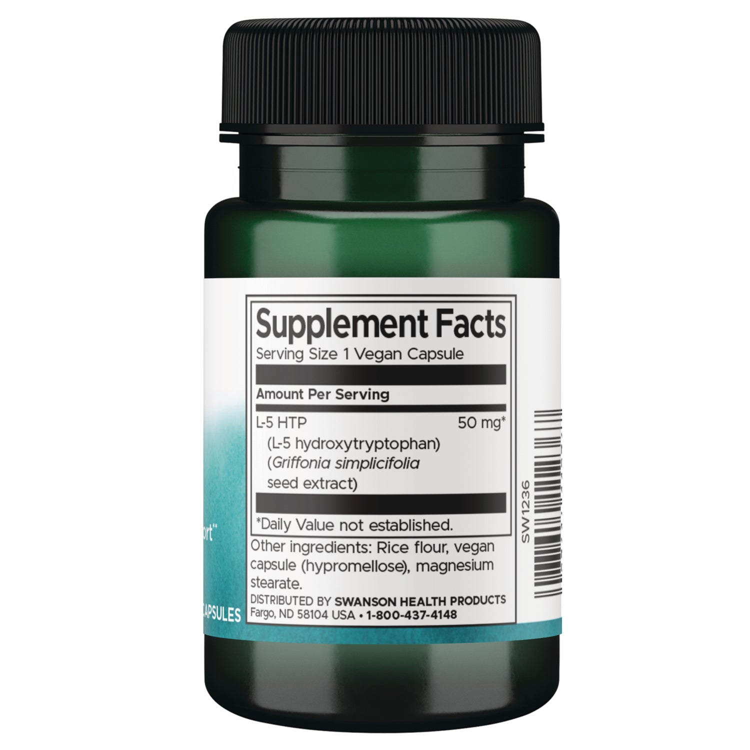 SW1237 | Back label with Supplement Facts panel for L-5 HTP 50 mg; serving size 1 vegan capsule