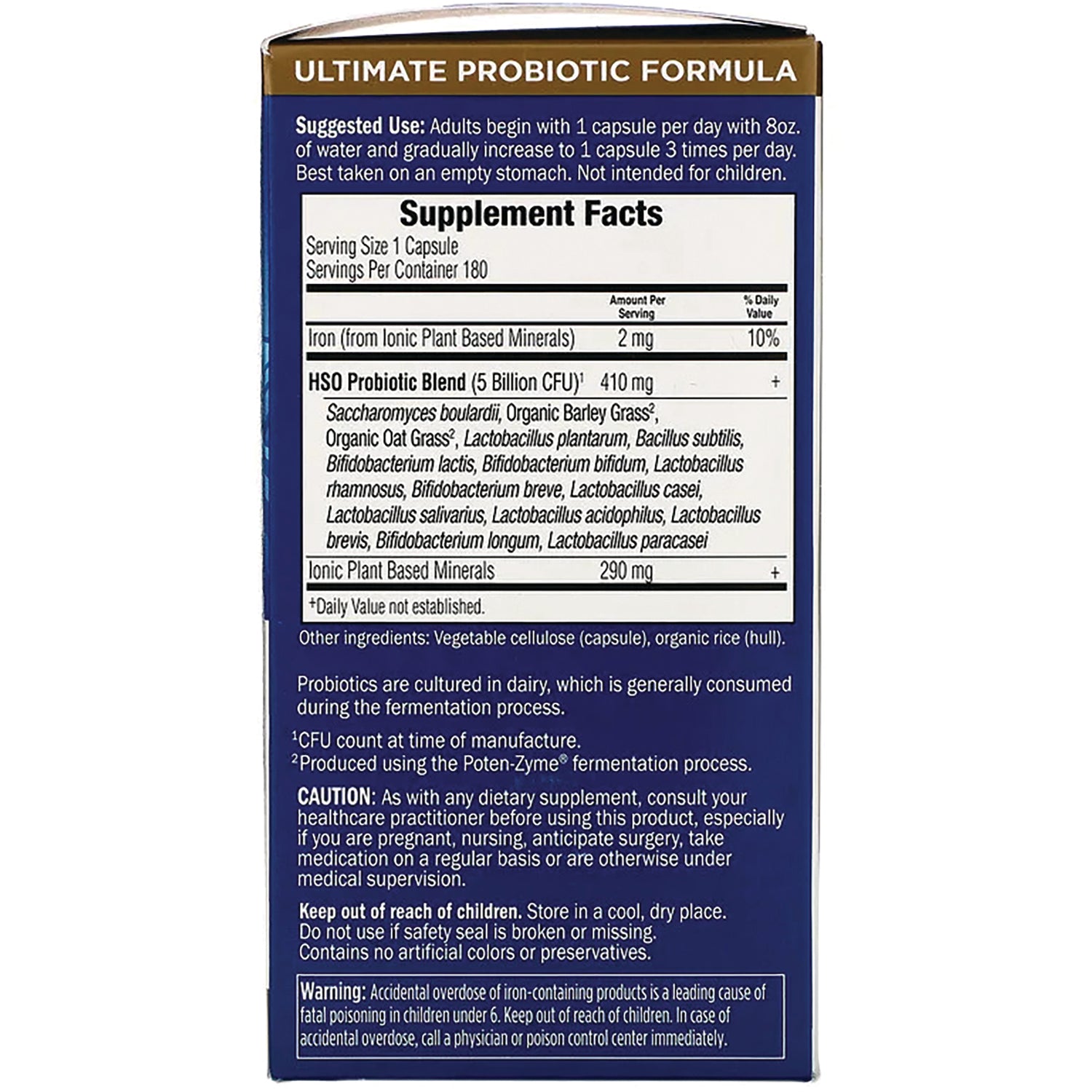GLF069 | Back panel showing Supplement Facts, probiotic blend, ingredient list and warning text