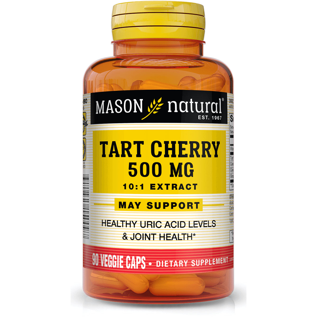 MSN064 | Mason Natural Tart Cherry 500 mg supplement bottle with yellow label and visible orange veggie caps