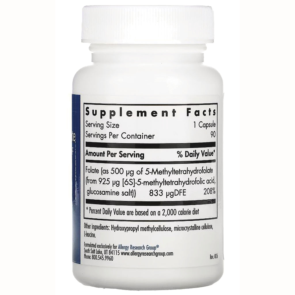 ARG090 | bottle back label showing Supplement Facts panel with Serving Size 1 Capsule and Folate 833 g DFE - Thumbnail