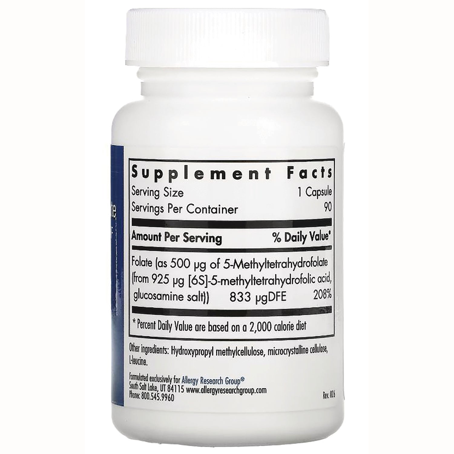 ARG090 | bottle back label showing Supplement Facts panel with Serving Size 1 Capsule and Folate 833 g DFE