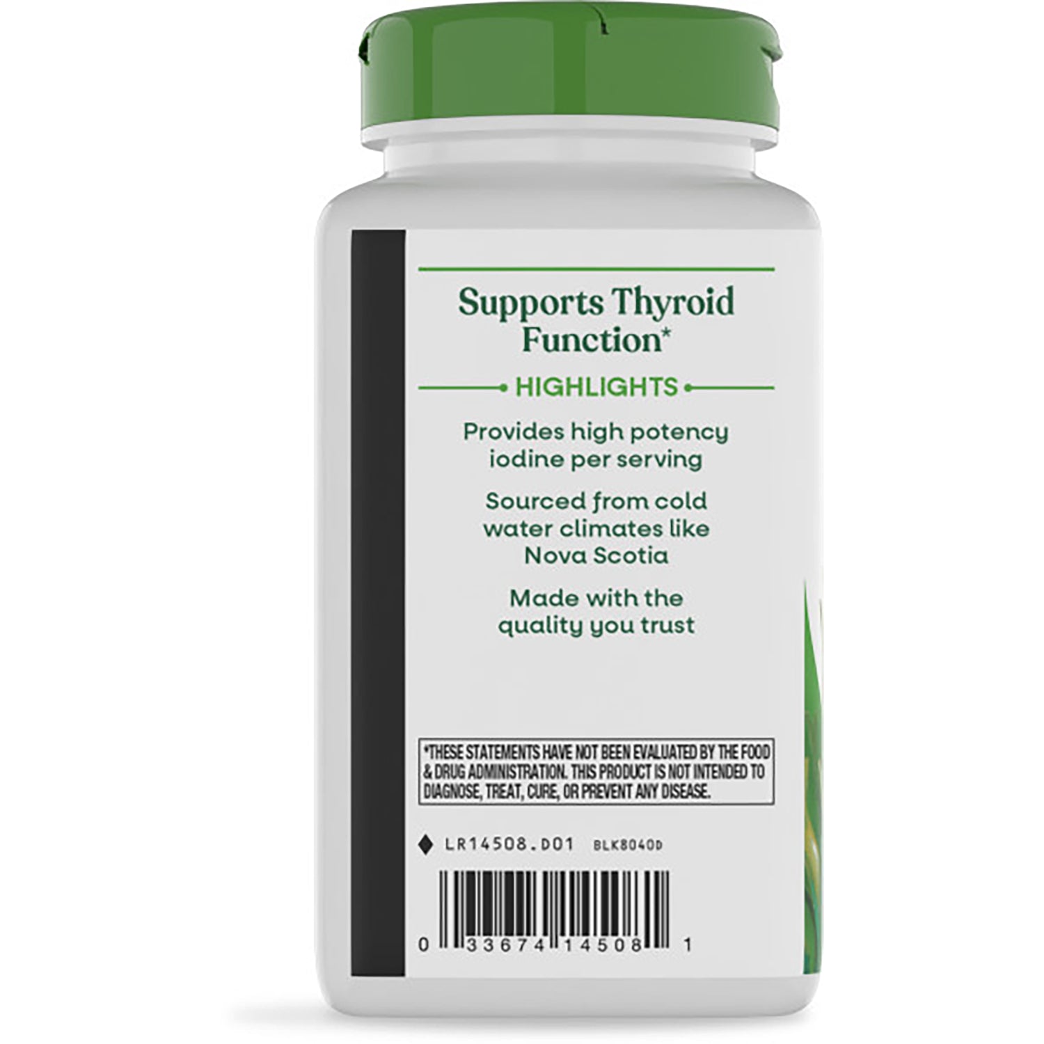 NW490 | Back label of white supplement bottle with green cap reading 'Supports Thyroid Function' and barcode