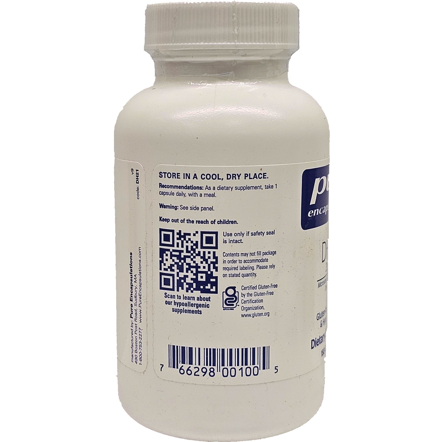 PRN013 | back label of white supplement bottle showing storage instructions, QR code, and barcode
