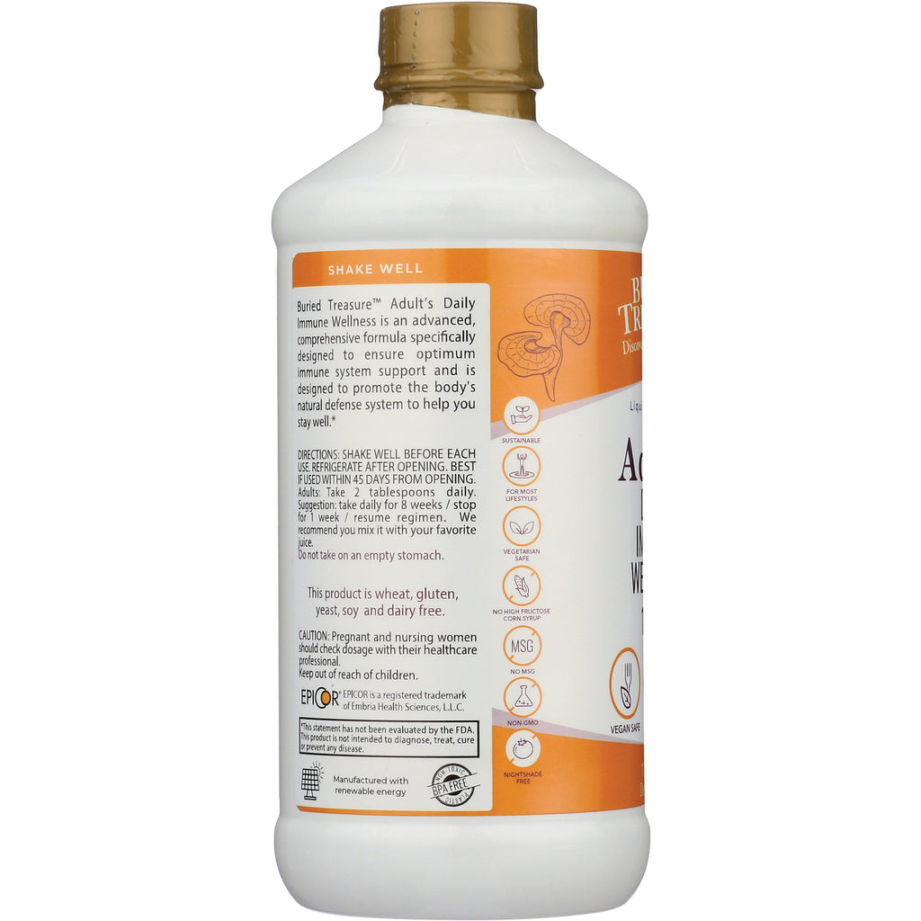 BTR028 | Back label of white supplement bottle showing SHAKE WELL header, directions, warnings, and certification icons - Thumbnail
