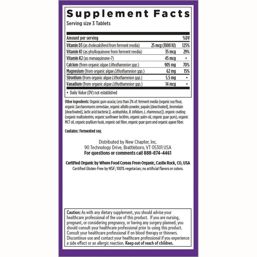NWC309 | Back label showing Supplement Facts panel with vitamins D3 K1 K2 calcium magnesium, ingredients and caution text - Thumbnail