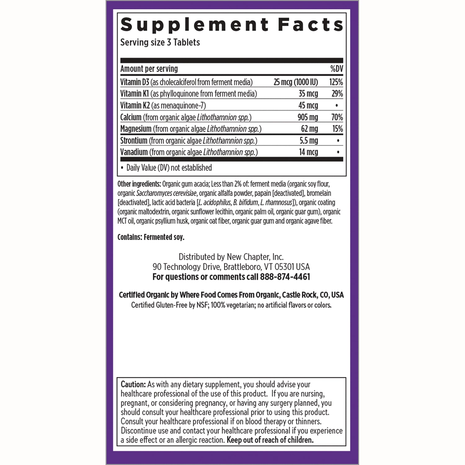 NWC309 | Back label showing Supplement Facts panel with vitamins D3 K1 K2 calcium magnesium, ingredients and caution text