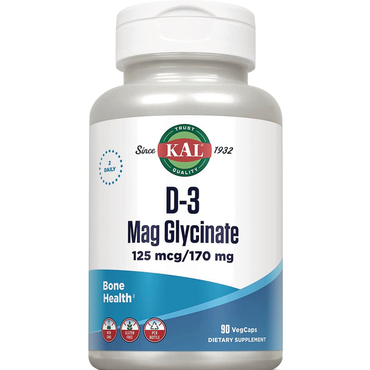 KL565 | KAL D-3 Mag Glycinate supplement bottle front showing 125 mcg/170 mg, Bone Health, 90 VegCaps