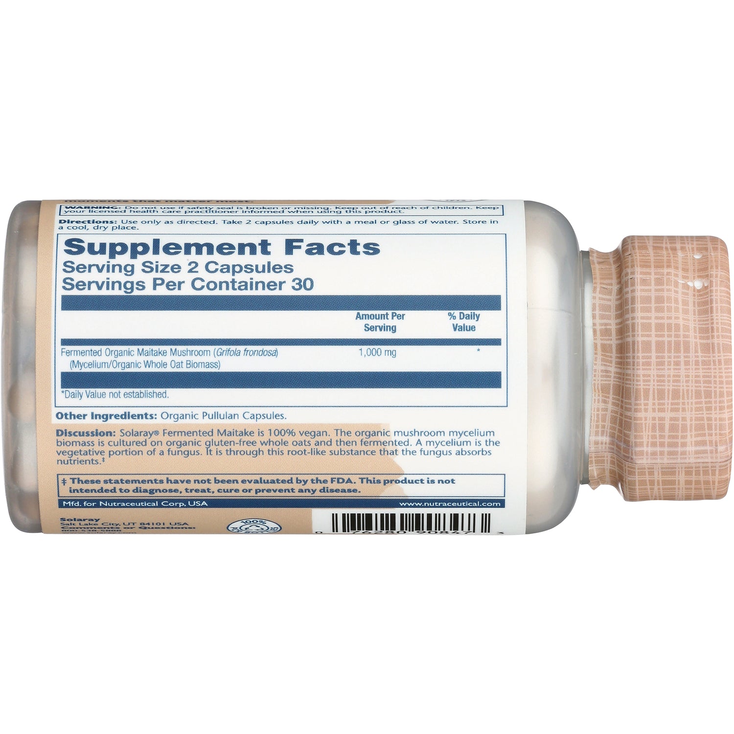 SLR462 | Back label Supplement Facts for Solaray Fermented Organic Maitake Mushroom, serving size 2 capsules
