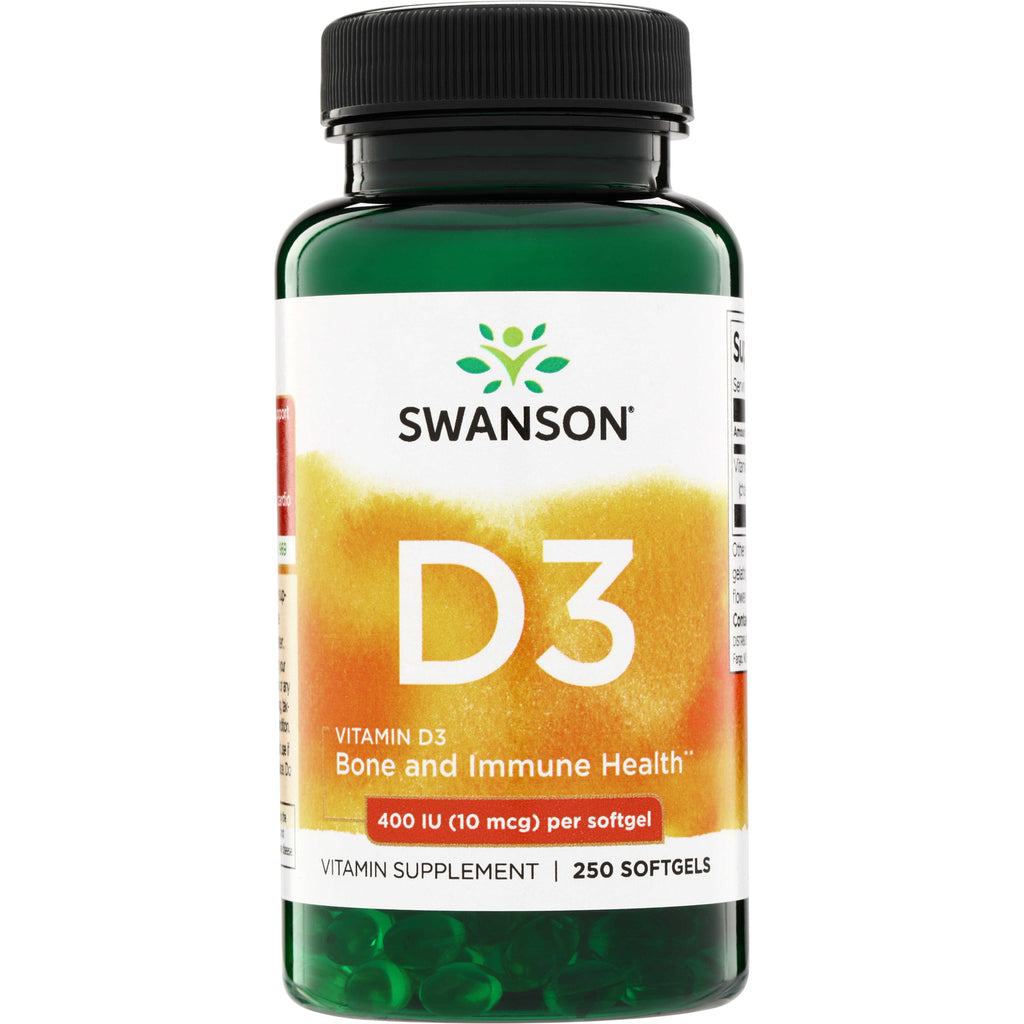 SW941 | Swanson D3 Vitamin D3 bottle front, 400 IU (10 mcg) per softgel, 250 softgels, Bone and Immune Health - Thumbnail