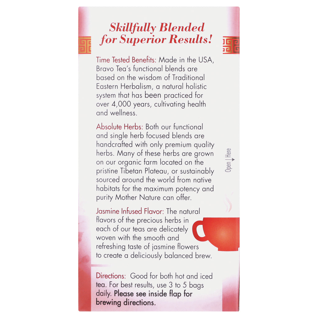 BVT001 | product infographic panel describing skillfully blended tea, herbal sourcing, jasmine infused flavor and brewing directions - Thumbnail